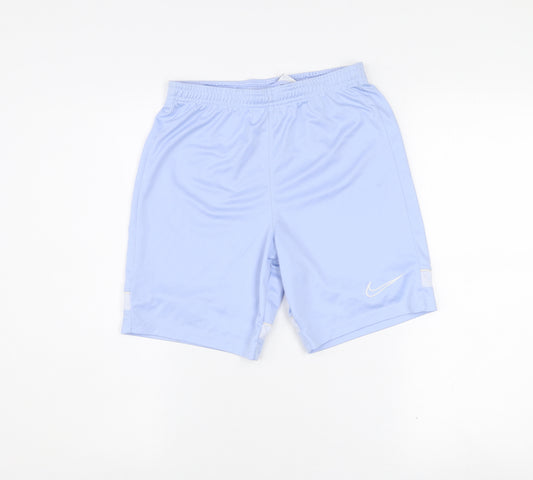 Front view of Nike boys’ blue dri-fit athletic shorts, size 13-14, years