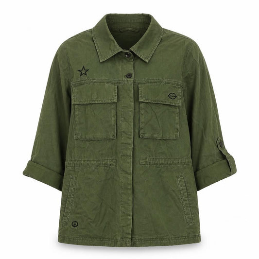 Front view of Dust Women’s Green Cotton Utility Button-Up Shirt, size M