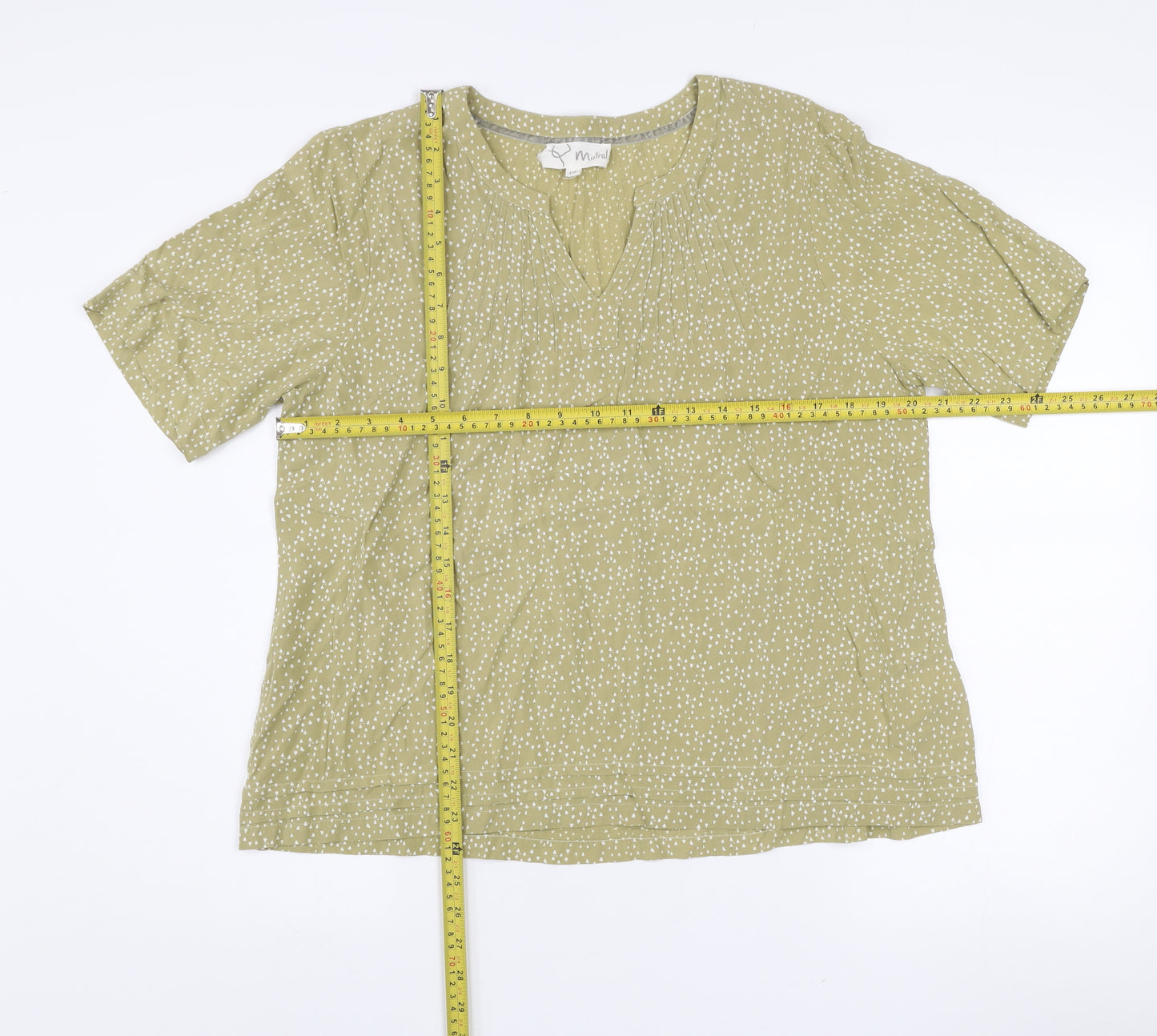 Mistral Women’s Green Geometric V-Neck Short Sleeve Viscose Tunic Blouse Size 14
