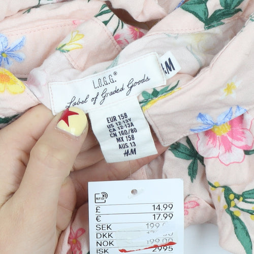 H&M Girls Pink Floral Long Sleeve Viscose Tunic Blouse 13-14 Years