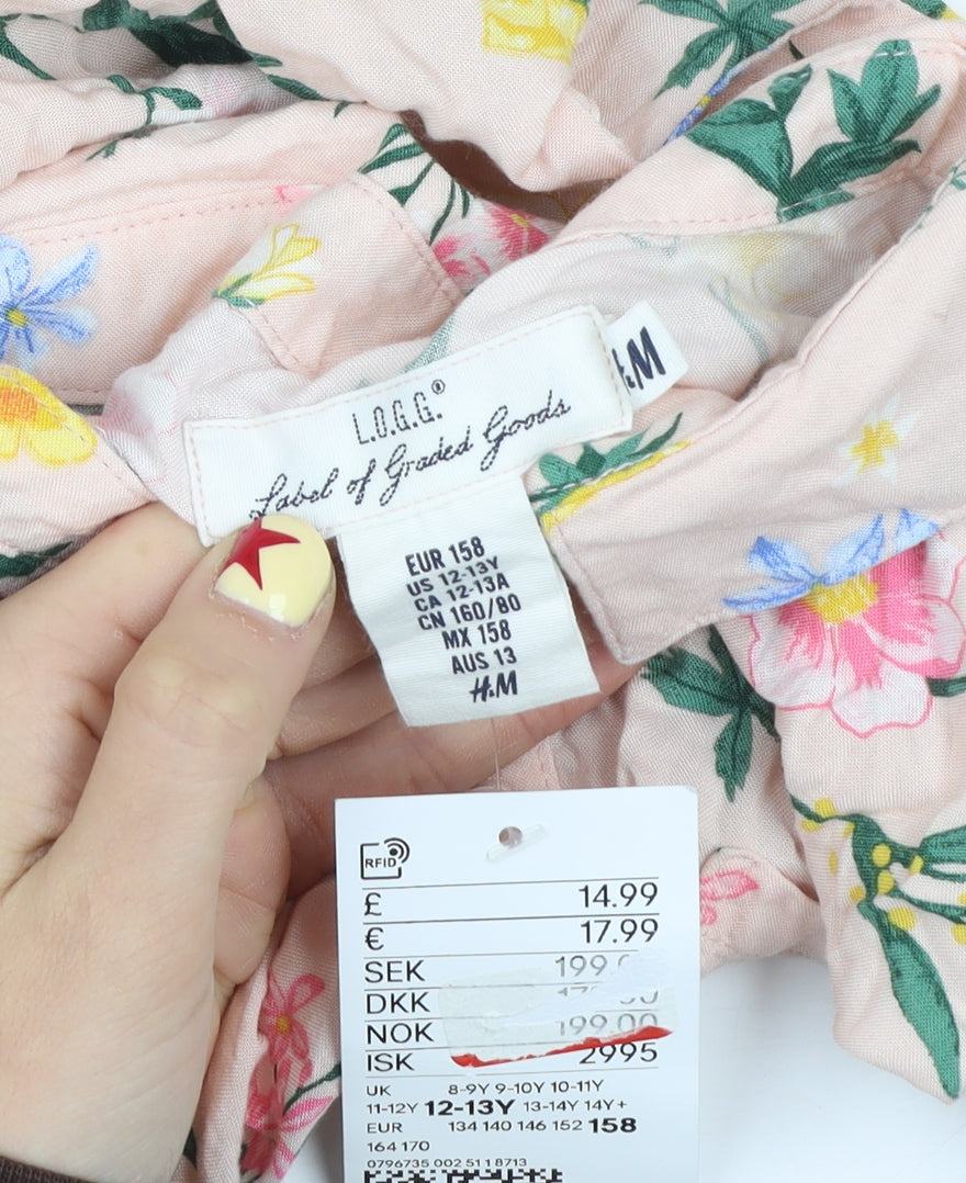 H&M Girls Pink Floral Long Sleeve Viscose Tunic Blouse 13-14 Years