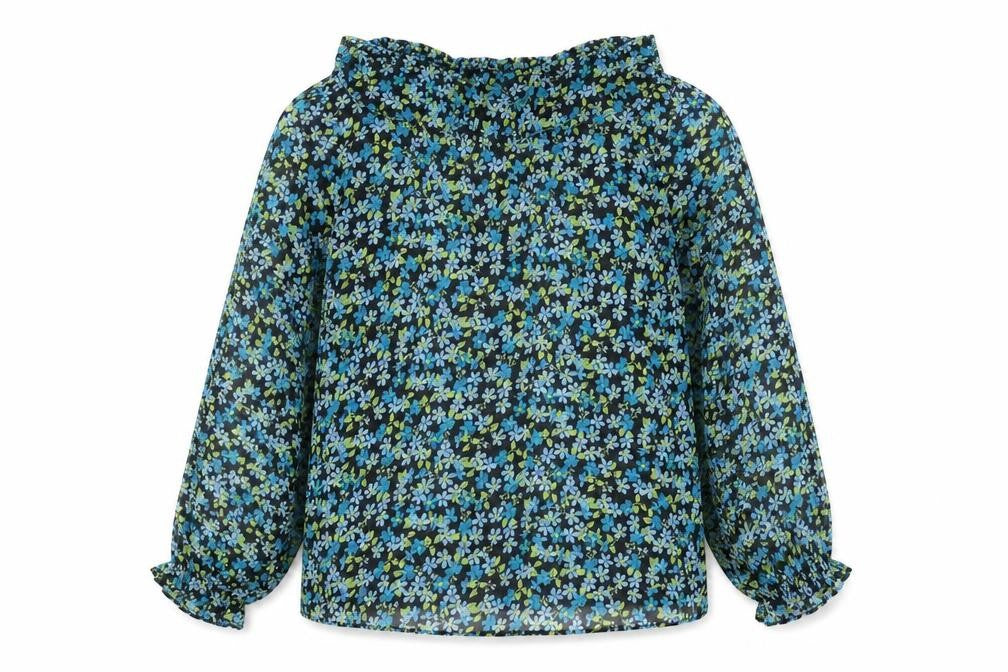 Front view of Primark Women's Black Floral Ruffle V-Neck Tunic Blouse, size 16