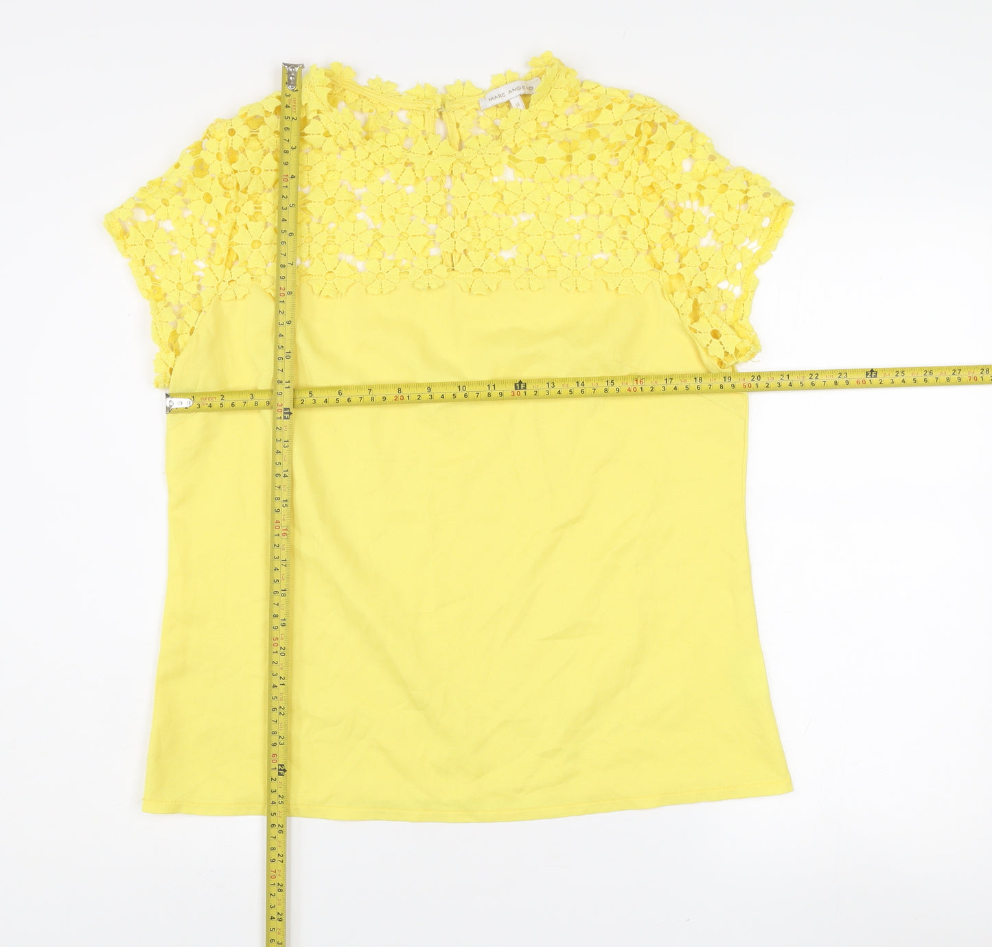 Marc Angelo Women Yellow Lace High Neck Short Sleeve Blouse Size 14
