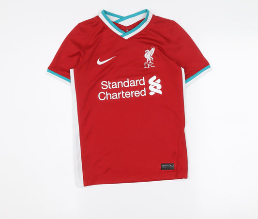 Front view of Nike boys’ red liverpool fc dri-fit short sleeve football jersey s 128-137cm