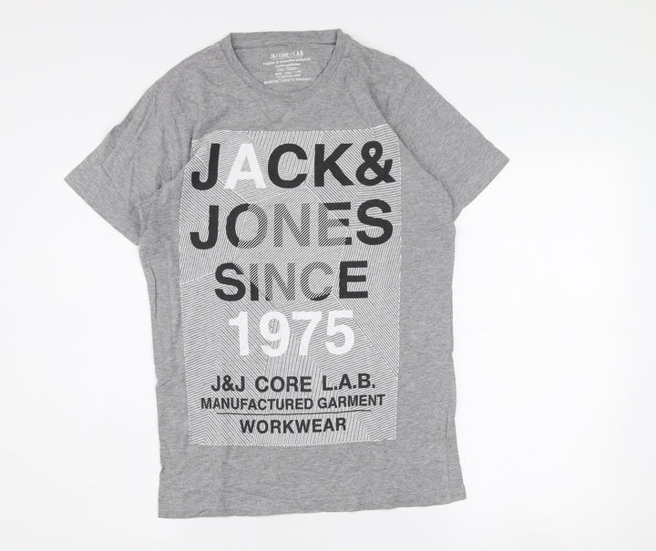 Jack & Jones Men's Grey Graphic Print Regular Fit T-Shirt Medium