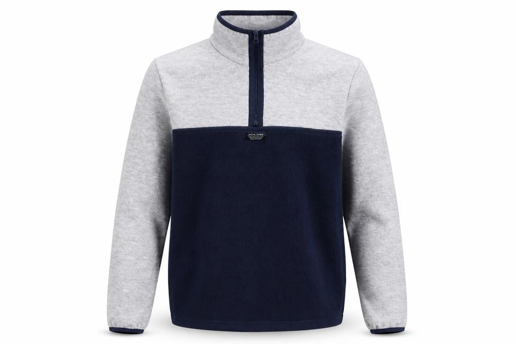 Front view of Jack & Jones men’s grey blue half zip fleece sweatshirt, size S