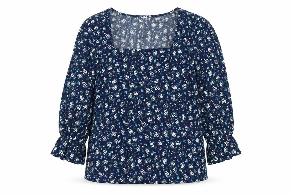 Front view of Savida Women's Blue Floral Long Sleeve Tunic Blouse, size 16