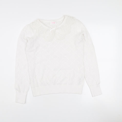 Savida Women White XS Knit Long Sleeve Blouse with Embroidered Collar