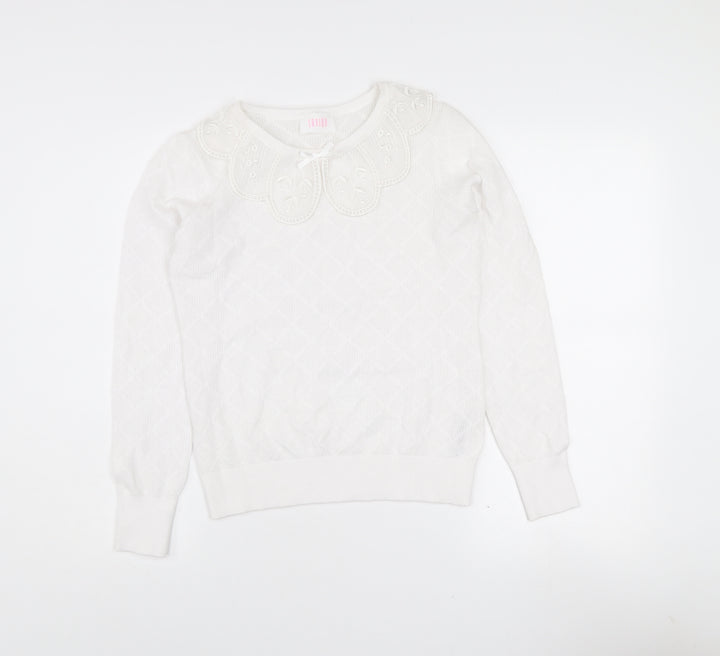 Savida Women White XS Knit Long Sleeve Blouse with Embroidered Collar