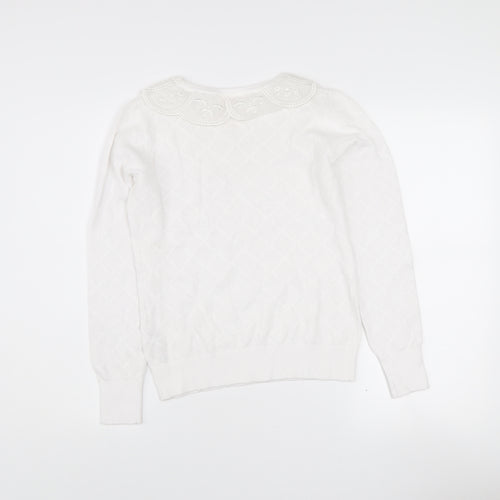 Savida Women White XS Knit Long Sleeve Blouse with Embroidered Collar