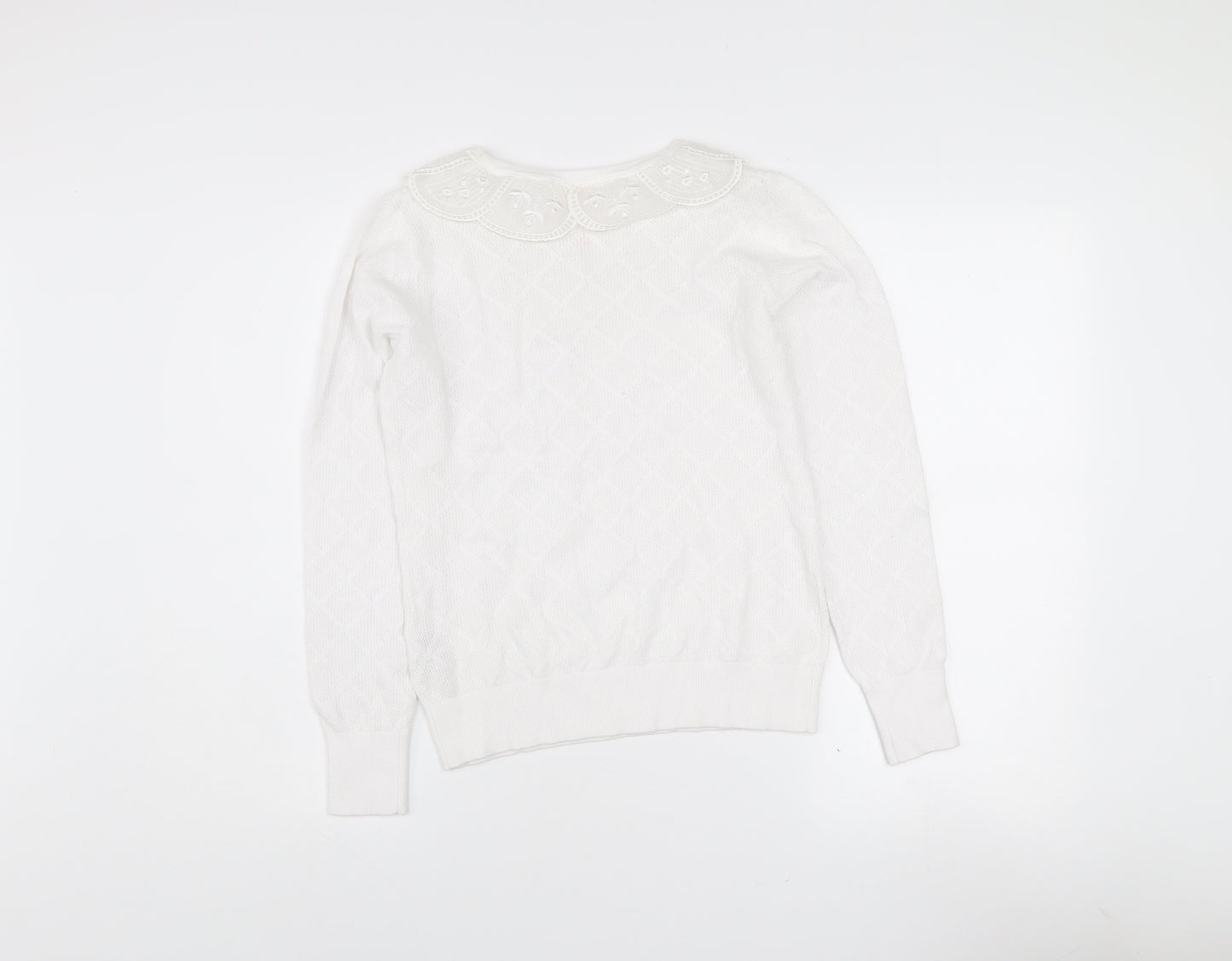 Savida Women White XS Knit Long Sleeve Blouse with Embroidered Collar