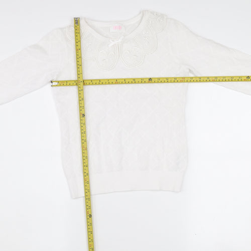 Savida Women White XS Knit Long Sleeve Blouse with Embroidered Collar