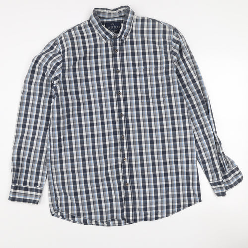 C&A Men's Blue Check Long Sleeve Button-Up Cotton Shirt L