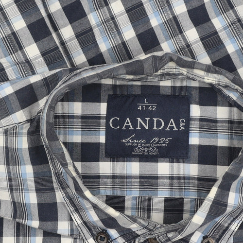 C&A Men's Blue Check Long Sleeve Button-Up Cotton Shirt L