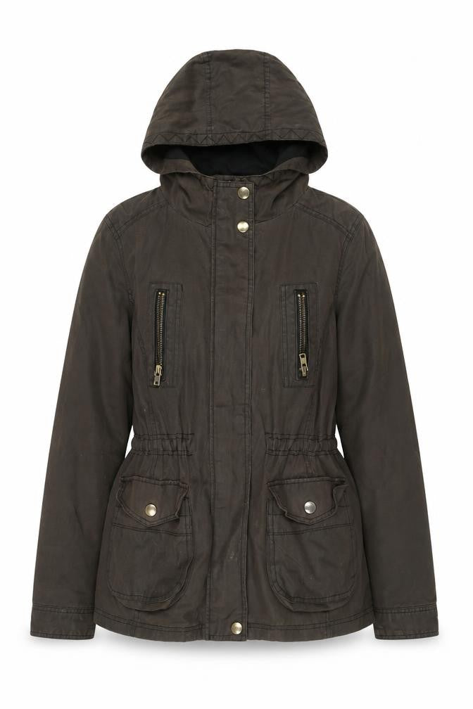 Front view of New Look Women's Brown Hooded Parka Jacket, size 10, Cotton Blend