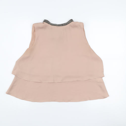 Zara Women Beige Beaded Collar Sleeveless Chiffon Blouse Size 14