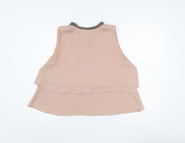 Zara Women Beige Beaded Collar Sleeveless Chiffon Blouse Size 14