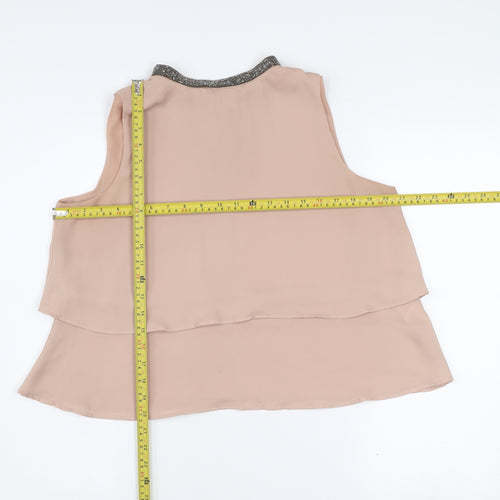 Zara Women Beige Beaded Collar Sleeveless Chiffon Blouse Size 14