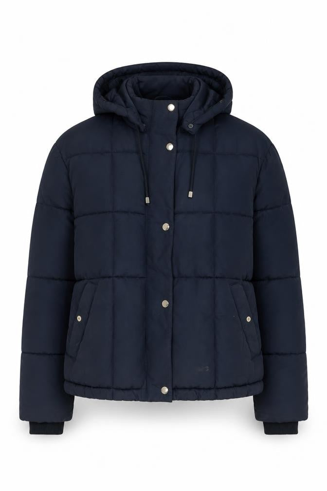 Front view of Topshop Women's Blue Puffer Jacket, size 10, Hooded Winter Coat