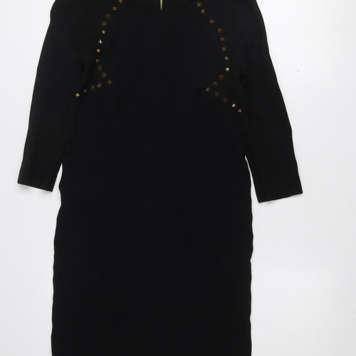 Zara Women's Black Studded Bodycon Dress S 3/4 Sleeve Zip Detail