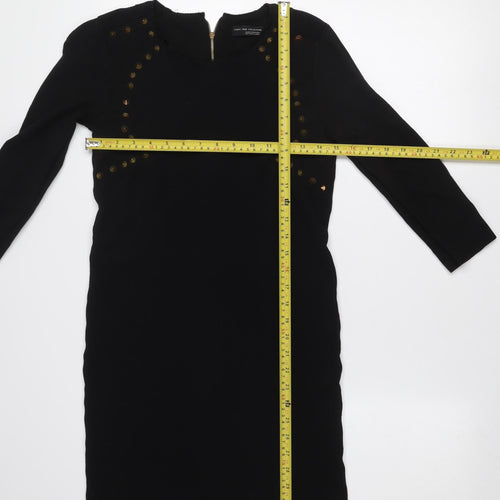 Zara Women's Black Studded Bodycon Dress S 3/4 Sleeve Zip Detail