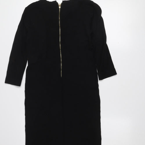 Zara Women's Black Studded Bodycon Dress S 3/4 Sleeve Zip Detail