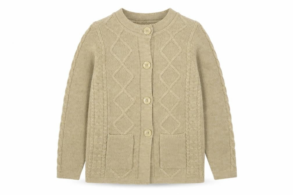 Front view of Tea Lane Women Beige Cable-Knit Wool Blend Cardigan, size S
