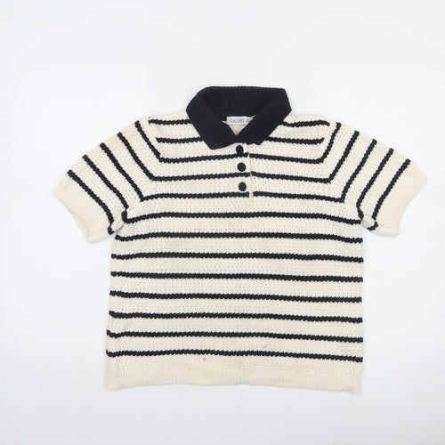 Gallery Women's Black White Striped Collared Short Sleeve Knit Henley Jumper Size S