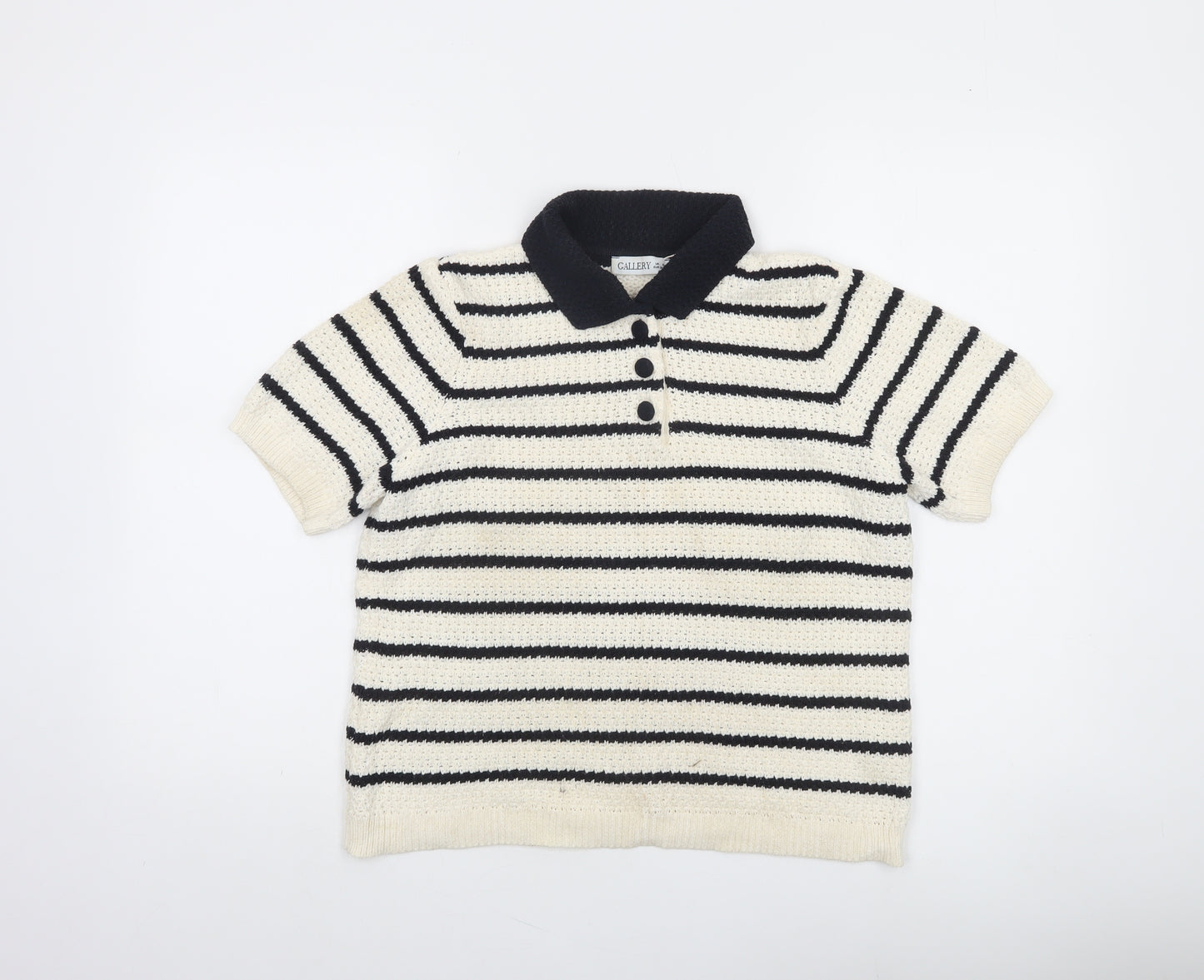 Gallery Women's Black White Striped Collared Short Sleeve Knit Henley Jumper Size S