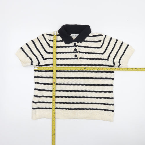 Gallery Women's Black White Striped Collared Short Sleeve Knit Henley Jumper Size S