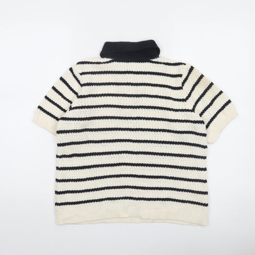 Gallery Women's Black White Striped Collared Short Sleeve Knit Henley Jumper Size S