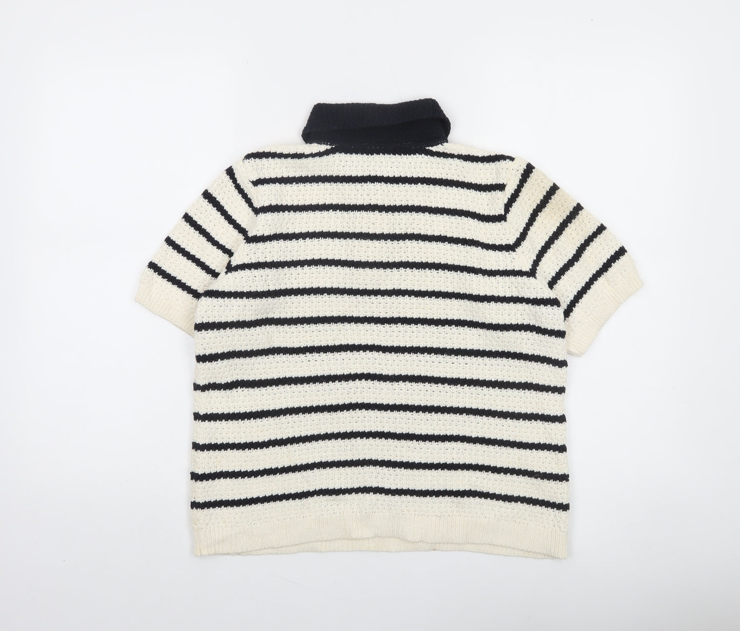 Gallery Women's Black White Striped Collared Short Sleeve Knit Henley Jumper Size S