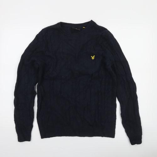 Lyle & Scott Men's Blue Cable-Knit Crew Neck Jumper Size M