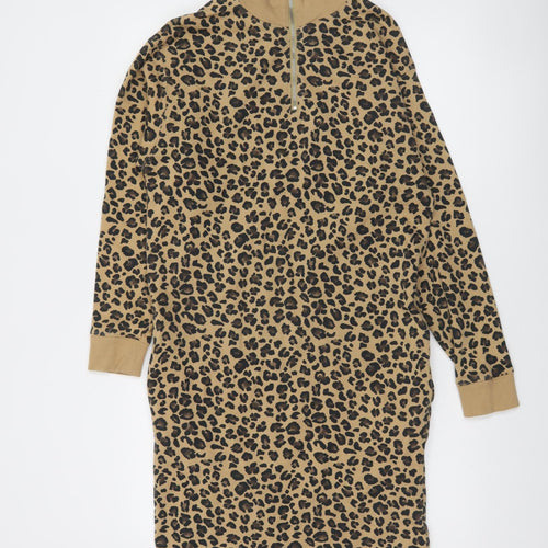 Marks and Spencer Women’s Beige Leopard Print Jersey Shift Dress UK 6 Long Sleeve