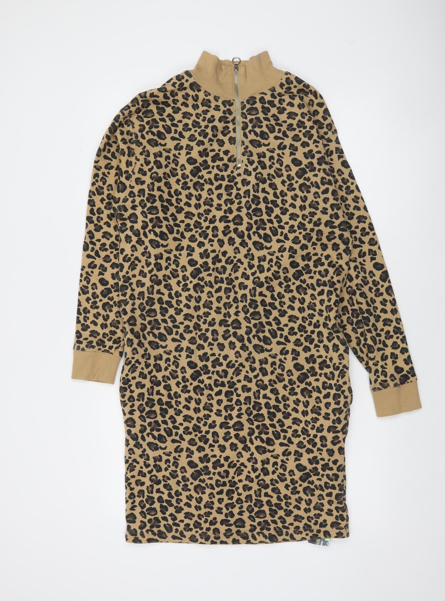 Marks and Spencer Women’s Beige Leopard Print Jersey Shift Dress UK 6 Long Sleeve