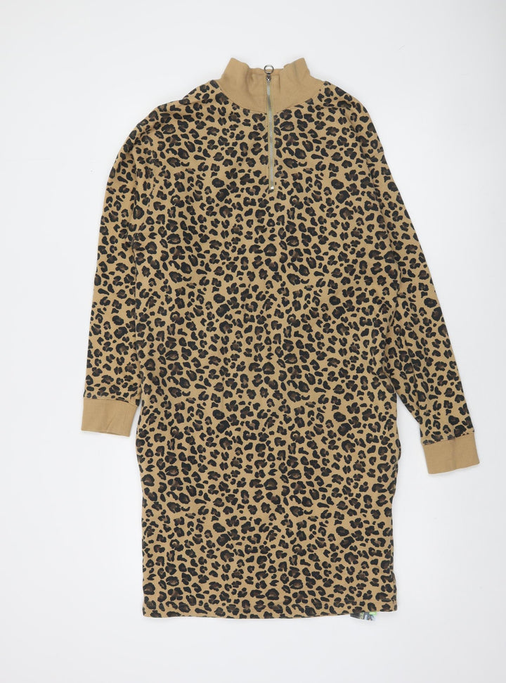 Marks and Spencer Women’s Beige Leopard Print Jersey Shift Dress UK 6 Long Sleeve