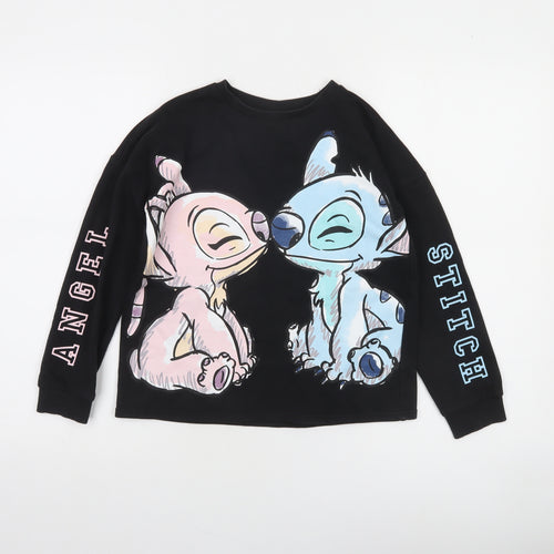 Disney Tu Girls Black Stitch & Angel Sweatshirt 9 Years Cotton Blend