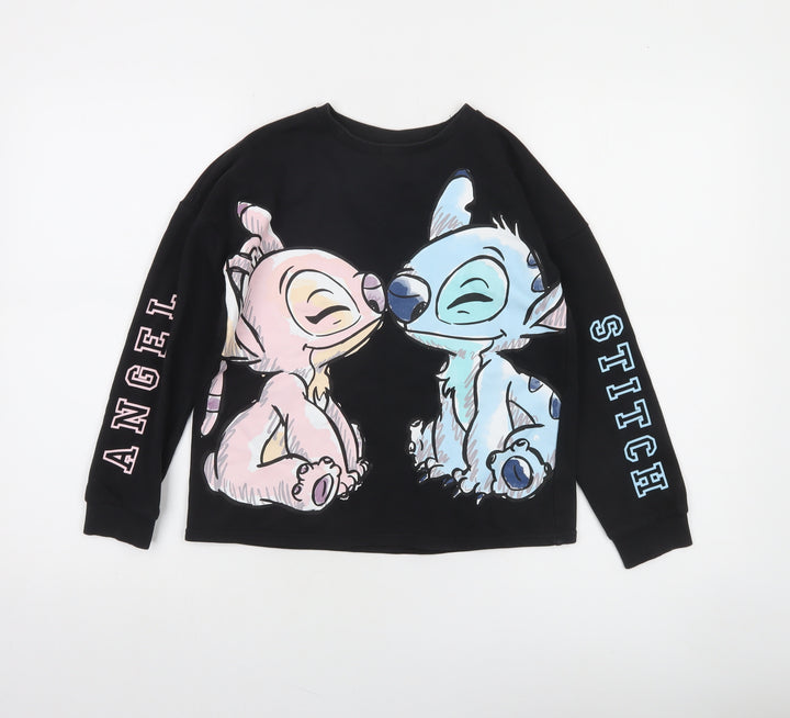 Disney Tu Girls Black Stitch & Angel Sweatshirt 9 Years Cotton Blend