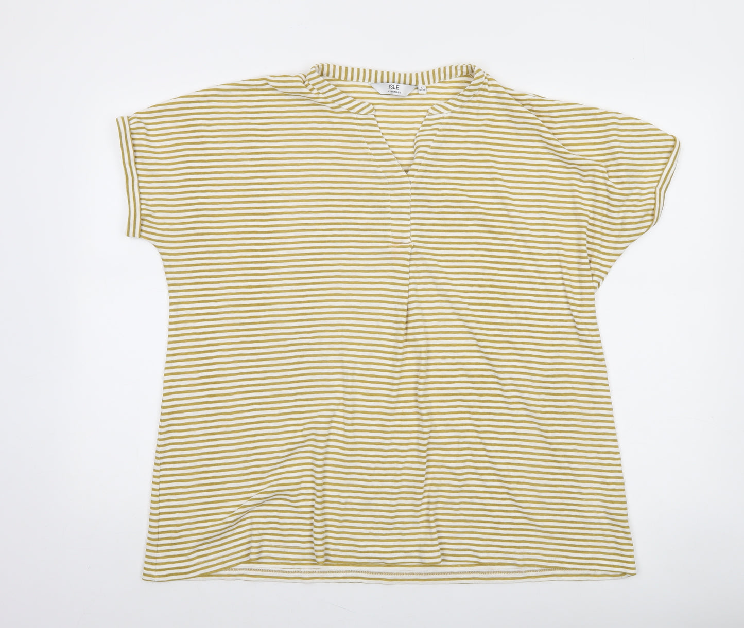 Isle Essentials Women’s L 18-20 Yellow White Striped V-Neck T-Shirt