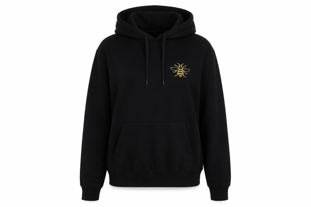 Front view of B&C Collection unisex black small pullover hoodie with bee embroidery