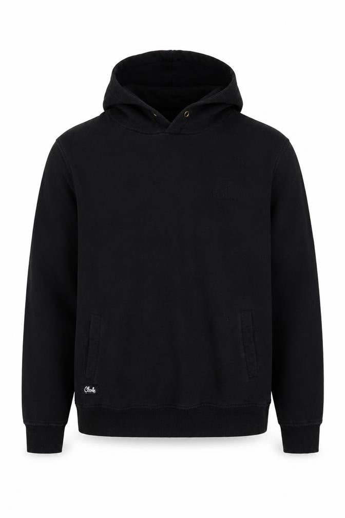 Front view of Cloak men’s black pullover hoodie l fleece cotton regular fit