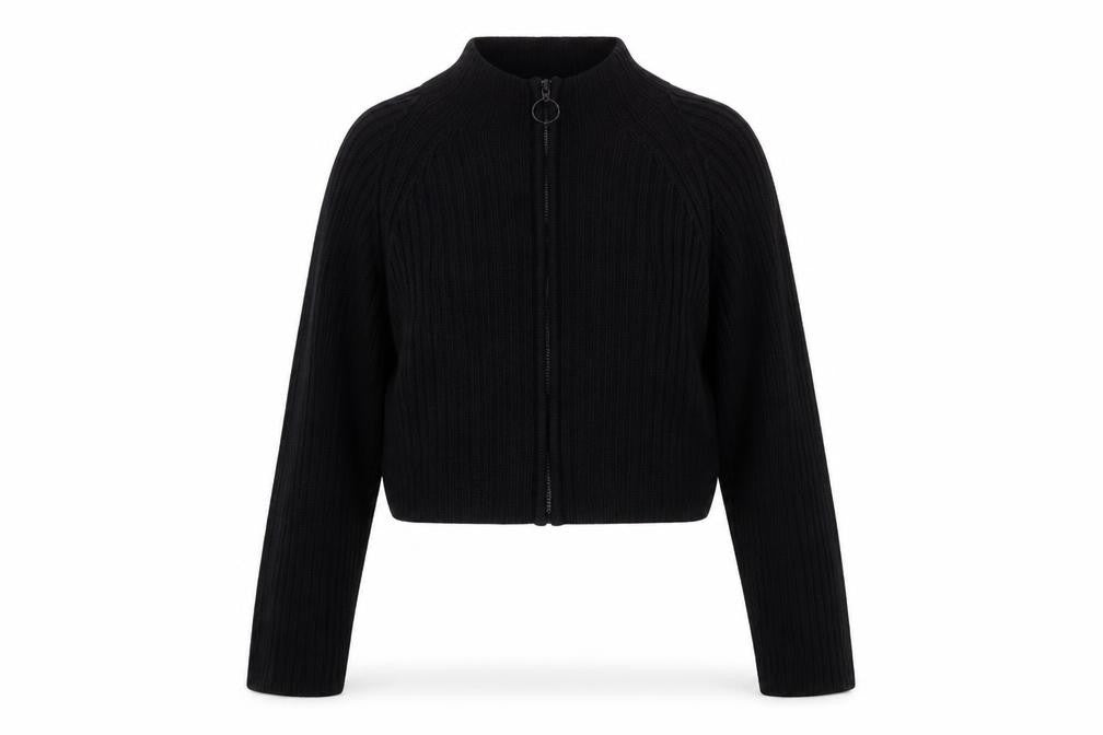 Front view of Fransa Women's Black Full Zip Ribbed Knit Jumper XL