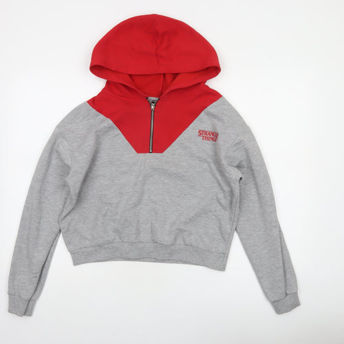 Stranger Things Grey Red XS Women's Hoodie Netflix Half Zip Cotton Blend