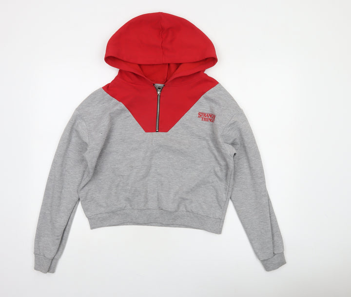 Stranger Things Grey Red XS Women's Hoodie Netflix Half Zip Cotton Blend