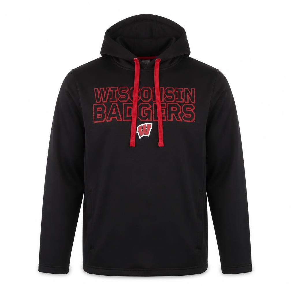 Front view of Fanatics Men's Black Wisconsin Badgers Pullover Hoodie, size S