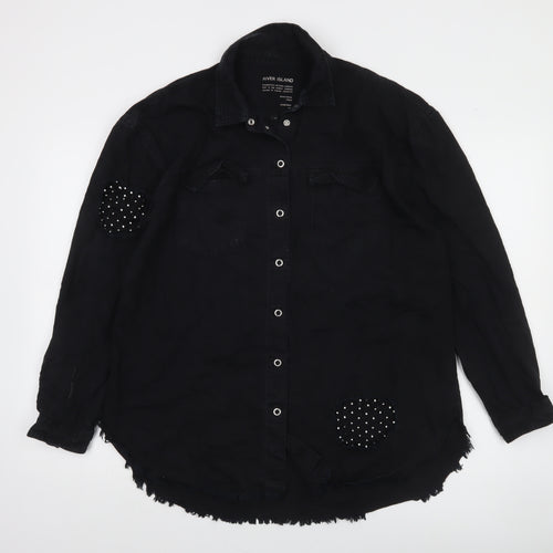 River Island Women's Black Studded Long Sleeve Cotton Button-Up Shirt M
