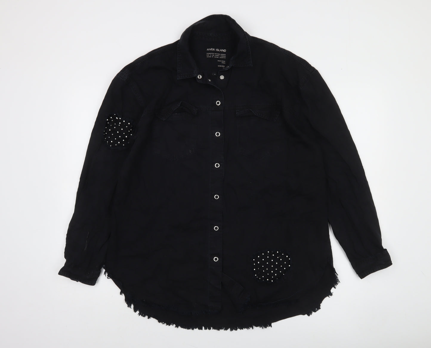 River Island Women's Black Studded Long Sleeve Cotton Button-Up Shirt M
