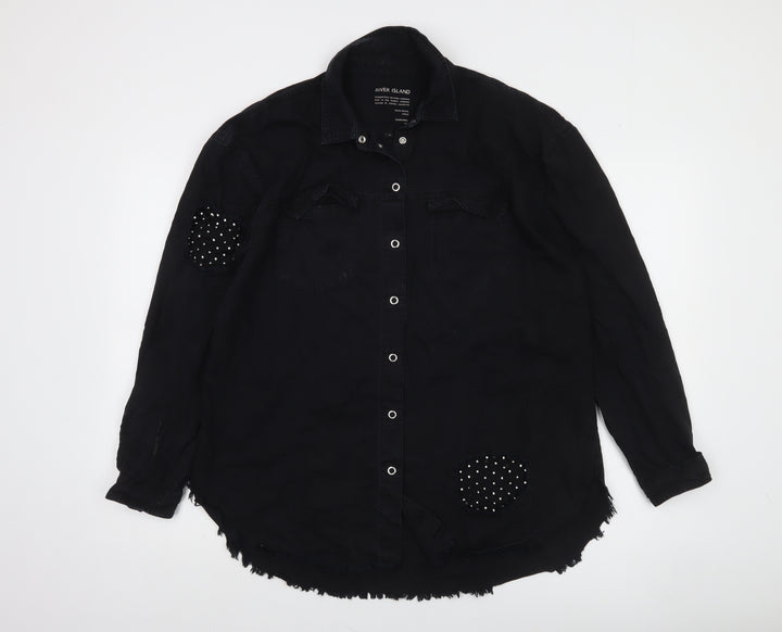 River Island Women's Black Studded Long Sleeve Cotton Button-Up Shirt M