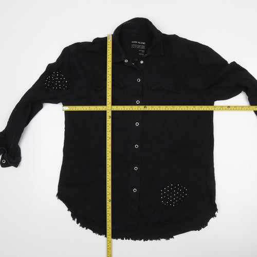 River Island Women's Black Studded Long Sleeve Cotton Button-Up Shirt M