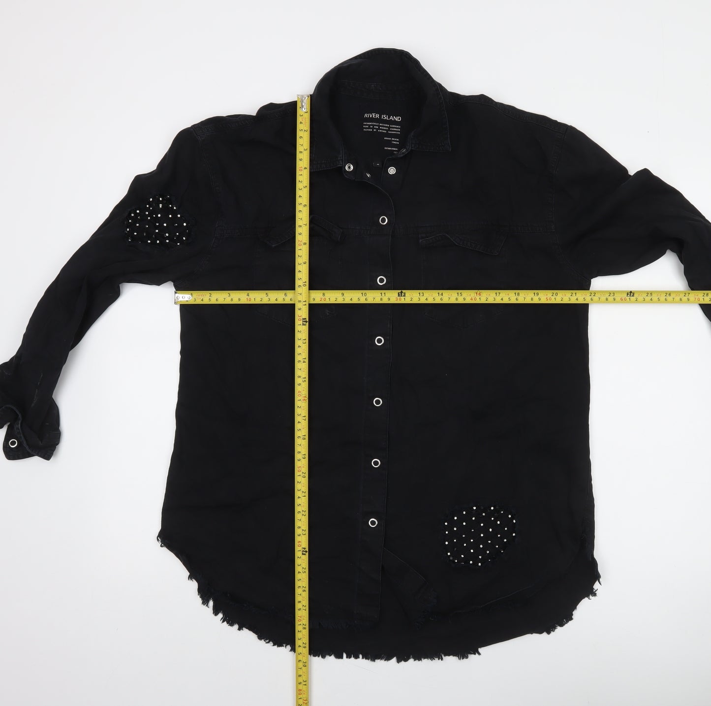 River Island Women's Black Studded Long Sleeve Cotton Button-Up Shirt M